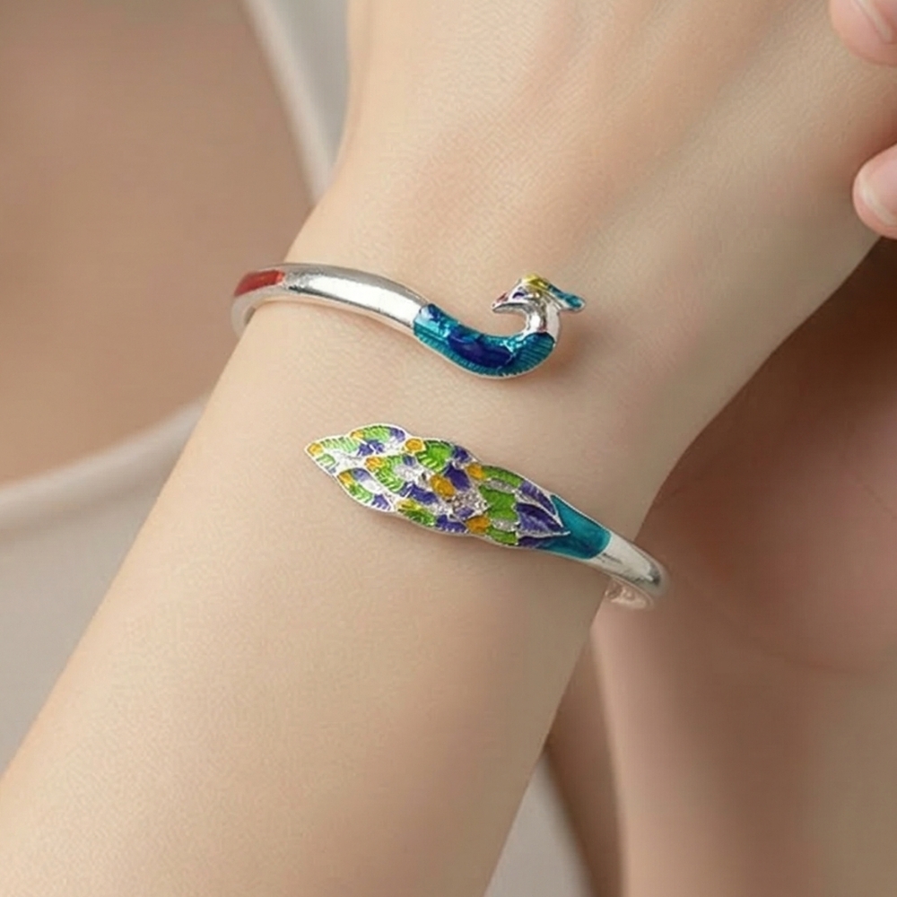 Peacock Cuff Bracelet Stainless Steel Colorful Enamel Feather Open Bangle Boho